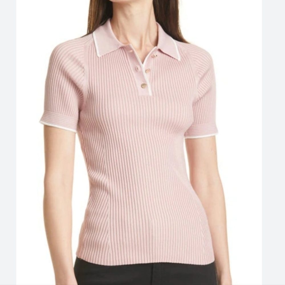 Ted Baker Size 0 Contrast-trim Knitted Polo Shirt In Dusky Pink